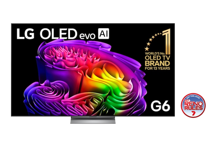 The front view of the LG OLED evo AI G6, released in 2026, displays an image of layered, multicolored forms, featuring Hyper Radiant Color Tech, Perfect Black & Perfect Color, along with the World’s No.1 OLED TV for 13 Years badge.