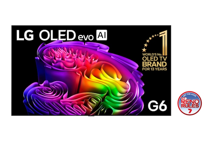 The front view of the LG OLED evo AI G6, released in 2026, displays an image of layered, multicolored forms, featuring Hyper Radiant Color Tech, Perfect Black & Perfect Color, along with the World’s No.1 OLED TV for 13 Years badge.