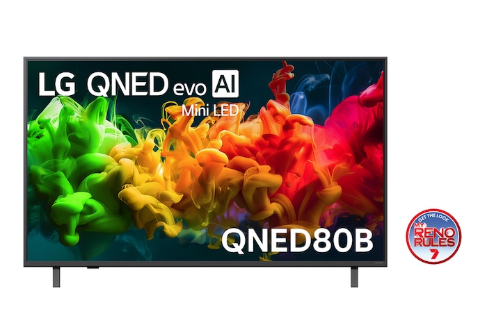 The front view of LG QNED evo AI QNED80 Mini LED, released in 2026, fills the screen with vivid, fluid flows of multicolored, paint-like motion, as richly layered colors spread smoothly across the display.