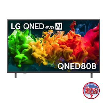The front view of LG QNED evo AI QNED80 Mini LED, released in 2026, fills the screen with vivid, fluid flows of multicolored, paint-like motion, as richly layered colors spread smoothly across the display.