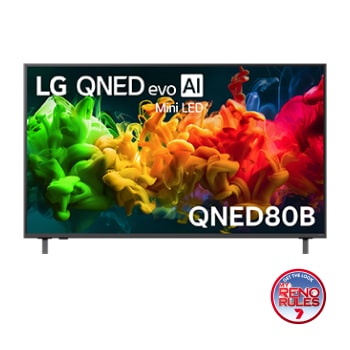The front view of LG QNED evo AI QNED80 Mini LED, released in 2026, fills the screen with vivid, fluid flows of multicolored, paint-like motion, as richly layered colors spread smoothly across the display.