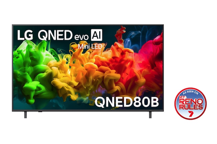 The front view of LG QNED evo AI QNED80 Mini LED, released in 2026, fills the screen with vivid, fluid flows of multicolored, paint-like motion, as richly layered colors spread smoothly across the display.
