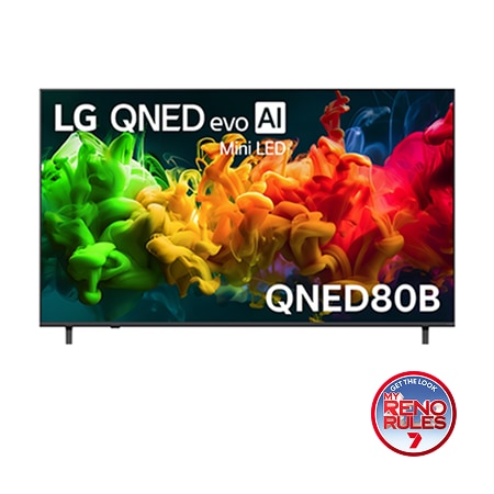 The front view of the LG QNED evo AI QNED80 Mini LED, released in 2026, displays vivid, fluid flows of multicolored motion on screen, featuring Dynamic QNED Color Pro, Mini LED, an α7 AI Processor 4K Gen9, webOS, and an 85-inch display.
