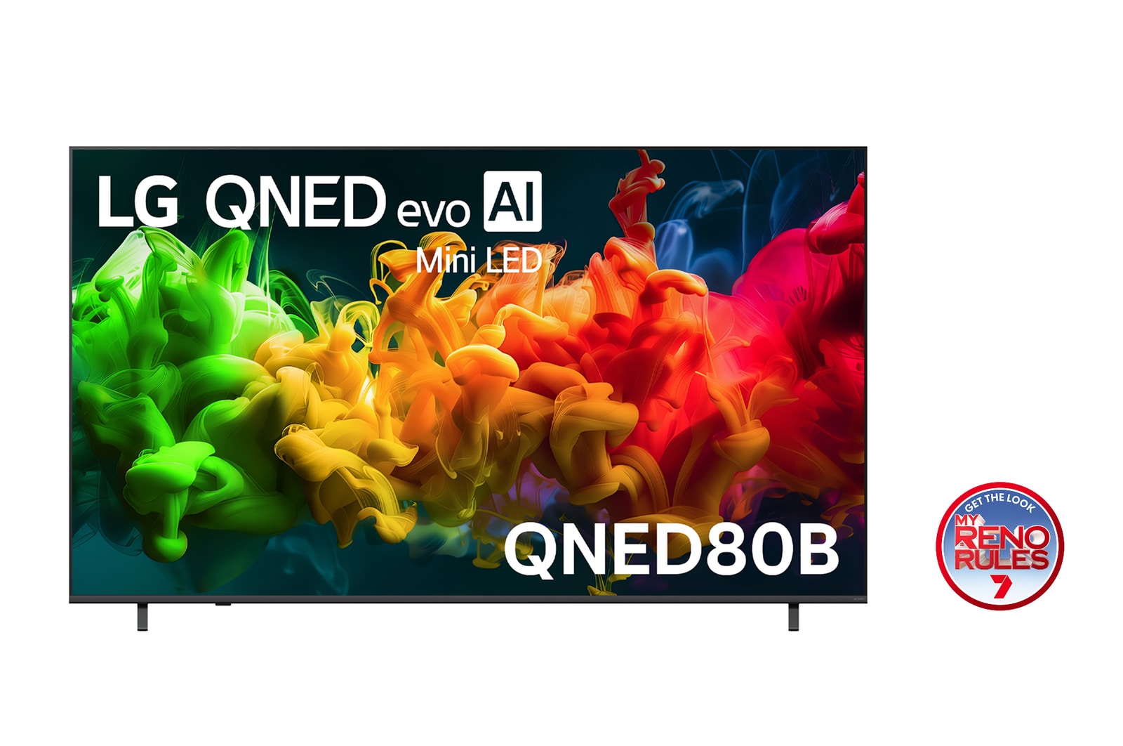 The front view of the LG QNED evo AI QNED80 Mini LED, released in 2026, displays vivid, fluid flows of multicolored motion on screen, featuring Dynamic QNED Color Pro, Mini LED, an α7 AI Processor 4K Gen9, webOS, and an 85-inch display.