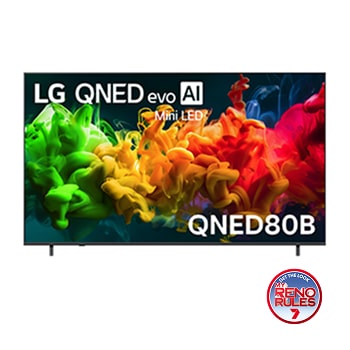 The front view of the LG QNED evo AI QNED80 Mini LED, released in 2026, displays vivid, fluid flows of multicolored motion on screen, featuring Dynamic QNED Color Pro, Mini LED, an α7 AI Processor 4K Gen9, webOS, and an 85-inch display.