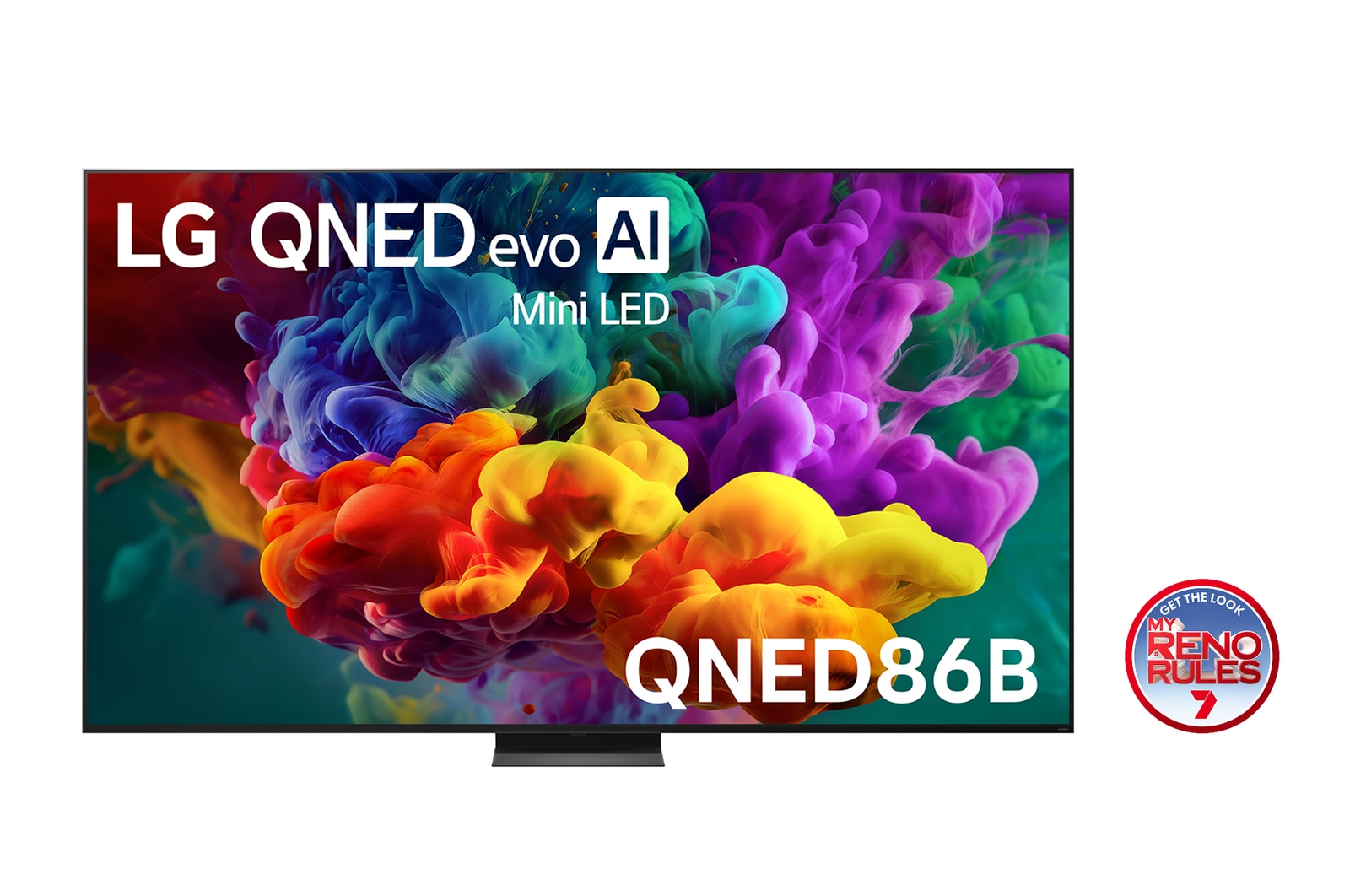 The front view of LG QNED evo AI QNED85, released in 2026, fills the screen with vivid, fluid bursts of multicolored, paint-like motion, as dense clouds of color blend seamlessly across the display.