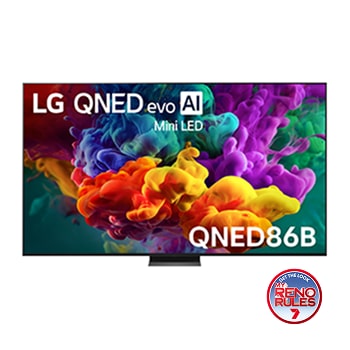 The front view of LG QNED evo AI QNED85, released in 2026, fills the screen with vivid, fluid bursts of multicolored, paint-like motion, as dense clouds of color blend seamlessly across the display.