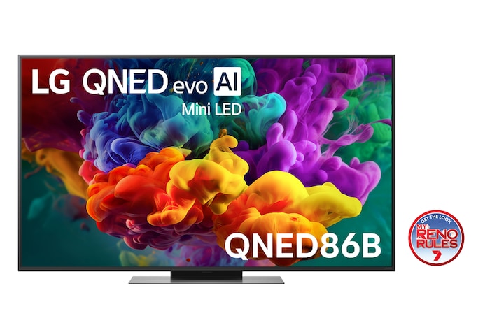 The front view of LG QNED evo AI QNED85, released in 2026, fills the screen with vivid, fluid bursts of multicolored, paint-like motion, as dense clouds of color blend seamlessly across the display.