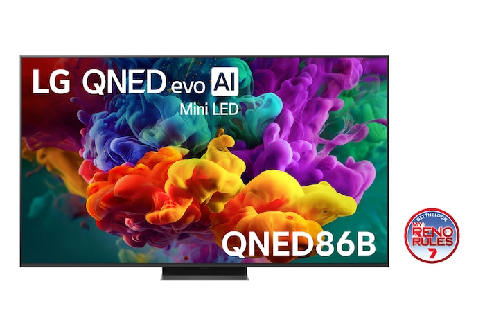 The front view of LG QNED evo AI QNED85, released in 2026, fills the screen with vivid, fluid bursts of multicolored, paint-like motion, as dense clouds of color blend seamlessly across the display.