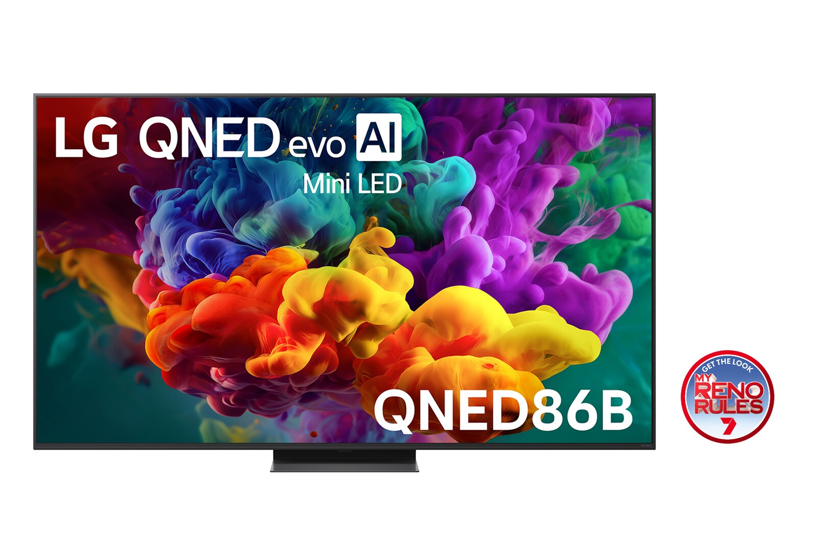 The front view of LG QNED evo AI QNED85, released in 2026, fills the screen with vivid, fluid bursts of multicolored, paint-like motion, as dense clouds of color blend seamlessly across the display.