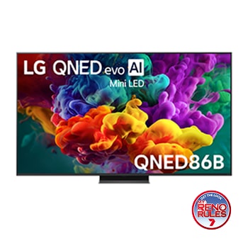 The front view of LG QNED evo AI QNED85, released in 2026, fills the screen with vivid, fluid bursts of multicolored, paint-like motion, as dense clouds of color blend seamlessly across the display.