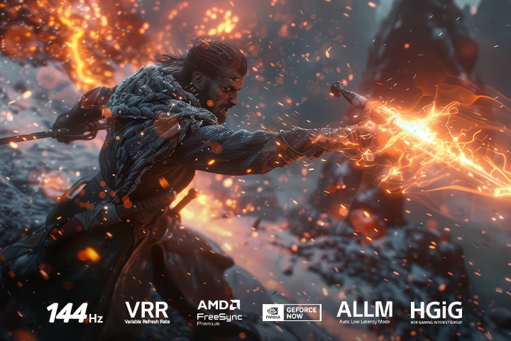 LG NANO 4K UHD AI NU85 for Ultimate Gameplay shows an intense sword-fighting action scene with a comparison inset highlighting smoother motion, while supporting 144Hz, VRR, AMD FreeSync, ALLM, HGiG, and GeForce NOW.