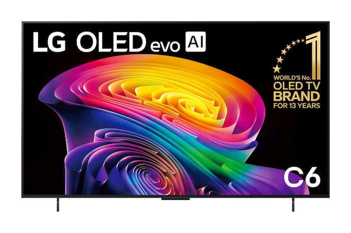 The front view of the LG OLED evo AI C6, released in 2026, displays an image of layered, multicolored forms, featuring Perfect Black & Perfect Color, along with the World’s No.1 OLED TV for 13 Years badge.