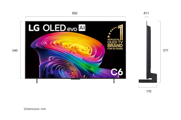 LG OLED evo AI C6 shown in front and side views highlights a 65-inch display with a 1441 mm-wide screen, an overall height of 826 mm, and an ultra-slim 45.1 mm depth without a stand.