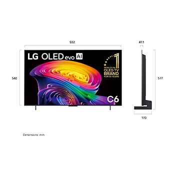LG OLED evo AI C6 shown in front and side views highlights a 65-inch display with a 1441 mm-wide screen, an overall height of 826 mm, and an ultra-slim 45.1 mm depth without a stand.
