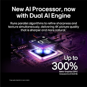 LG OLED evo C6 AI TV’s alpha 11 AI Processor 4K Gen3 glows in purple and blue light on a dark circuit board, highlighting the Dual AI Engine and delivering NPU up to x5.6 faster, CPU 50% faster, and GPU 70% stronger performance.