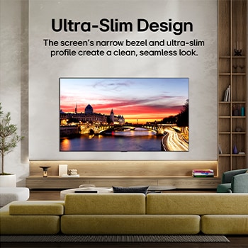 LG OLED evo AI C6 is wall-mounted in a styled living space, featuring an ultra-slim design with narrow bezels, and it displays a riverside cityscape at sunset on screen. 