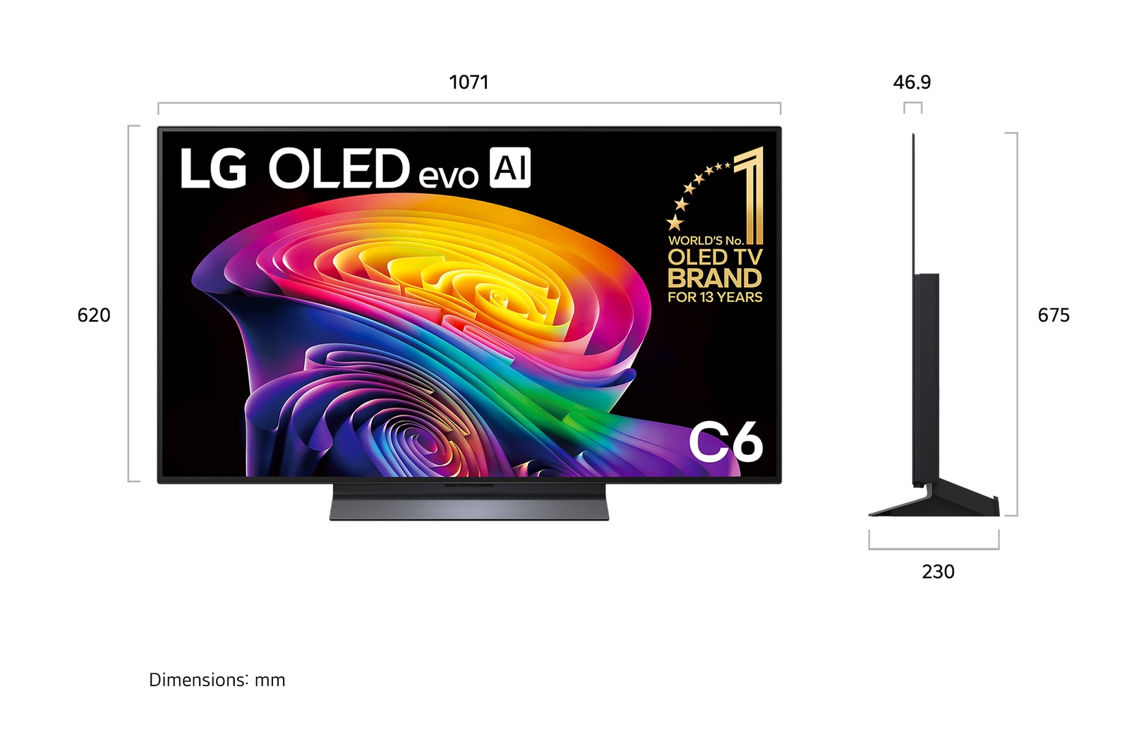 LG OLED evo AI C6 shown in front and side views highlights a 65-inch display with a 1441 mm-wide screen, an overall height of 826 mm, and an ultra-slim 45.1 mm depth without a stand.