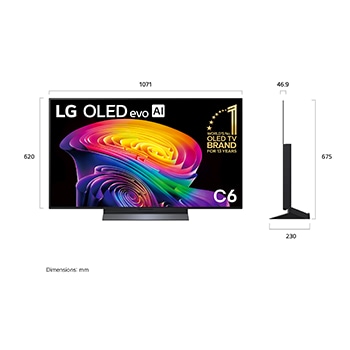 LG OLED evo AI C6 shown in front and side views highlights a 65-inch display with a 1441 mm-wide screen, an overall height of 826 mm, and an ultra-slim 45.1 mm depth without a stand.