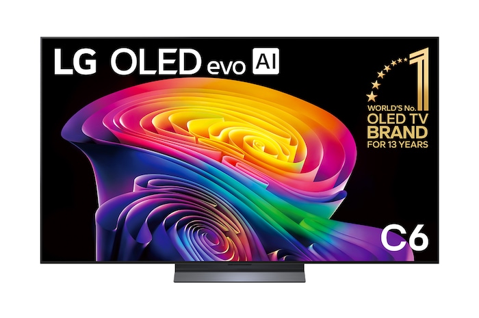 The front view of the LG OLED evo AI C6, released in 2026, displays an image of layered, multicolored forms, featuring Perfect Black & Perfect Color, along with the World’s No.1 OLED TV for 13 Years badge.