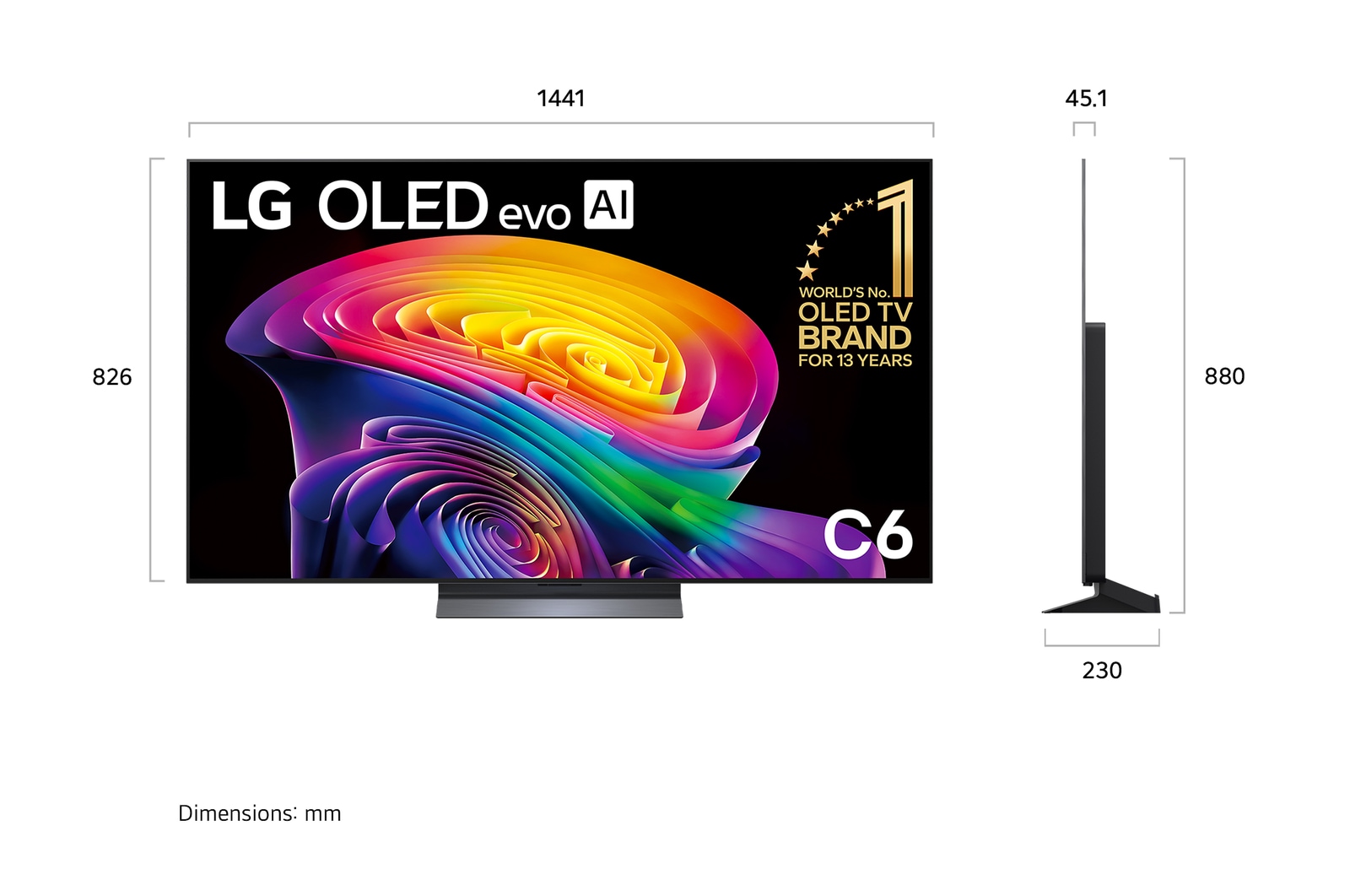LG OLED evo AI C6 shown in front and side views highlights a 65-inch display with a 1441 mm-wide screen, an overall height of 826 mm, and an ultra-slim 45.1 mm depth without a stand.