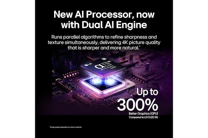 LG OLED evo C6 AI TV’s alpha 11 AI Processor 4K Gen3 glows in purple and blue light on a dark circuit board, highlighting the Dual AI Engine and delivering NPU up to x5.6 faster, CPU 50% faster, and GPU 70% stronger performance.