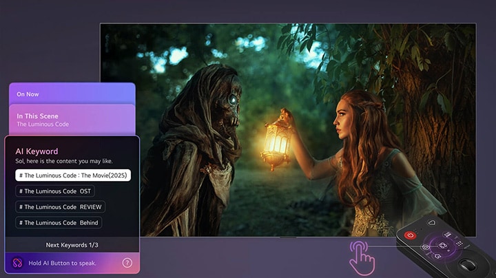 LG Mini RGB evo AI MRGB9M with AI Concierge shows an AI-based menu overlay on the left side of the movie screen, displaying scene-based content suggestions and AI keywords such as OST and reviews, accessed by a short remote press.