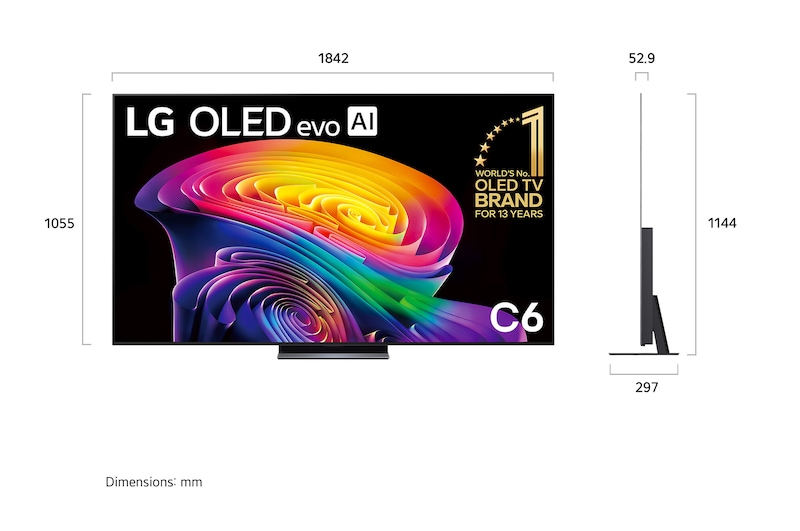 LG OLED evo AI C6 shown in front and side views highlights a 83-inch display with a 1842 mm-wide screen, an overall height of 1055 mm, and an ultra-slim 52.9 mm depth without a stand.
