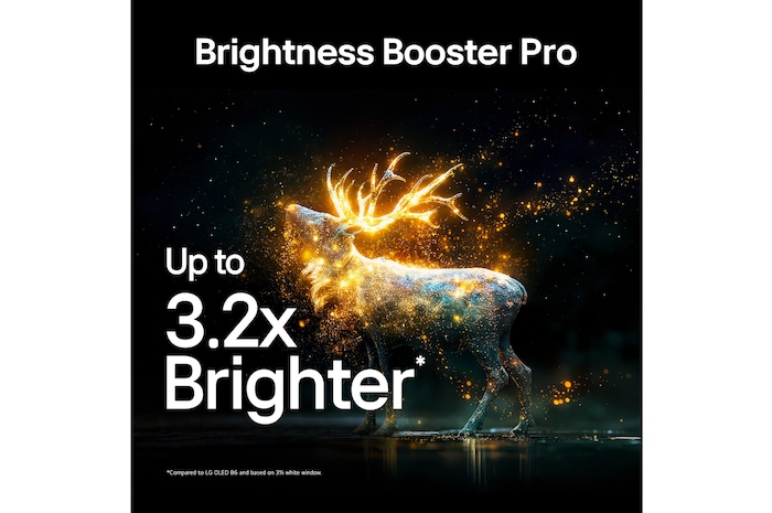 LG OLED evo AI C6 with Brightness Booster Pro shows a dark scene where glowing particles surrounding a deer silhouette, delivering up to 3.2x brighter peak brightness with higher luminance and clearer detail.