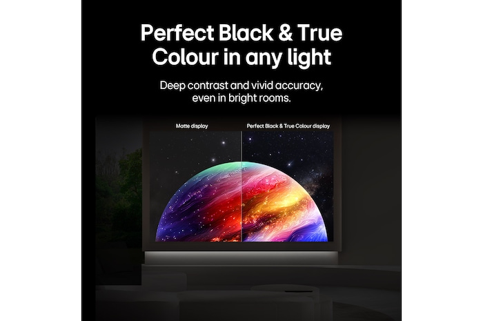 LG OLED evo AI C6 shows a split-screen planet-and-stars scene, comparing an anti-glare matte display with its Perfect Black & Perfect Color display for clearer picture quality in any light, supported by UL certification and Intertek certifications for color volume and color fidelity.