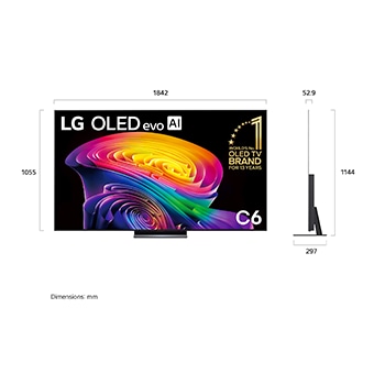 LG OLED evo AI C6 shown in front and side views highlights a 83-inch display with a 1842 mm-wide screen, an overall height of 1055 mm, and an ultra-slim 52.9 mm depth without a stand.