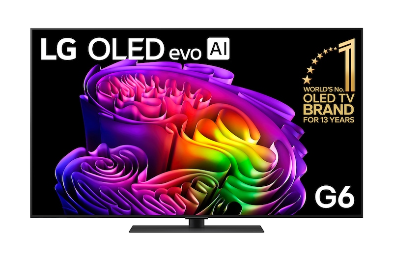 The front view of the LG OLED evo AI G6, released in 2026, displays an image of layered, multicolored forms, featuring Hyper Radiant Color Tech, Perfect Black & Perfect Color, along with the World’s No.1 OLED TV for 13 Years badge.
