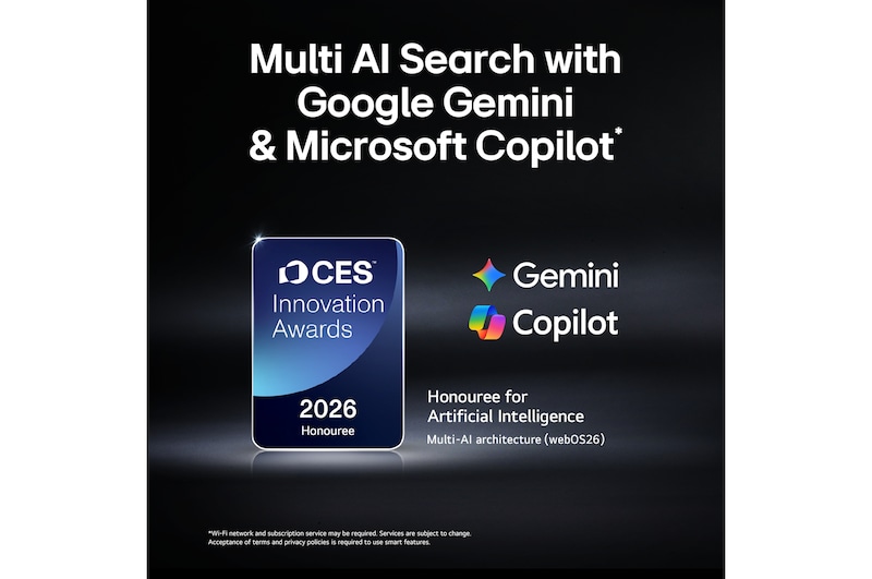 The 2026 CES Innovation Awards Honoree badge in the Artificial Intelligence category recognizes Multi-AI search with Google Gemini and Microsoft Copilot.