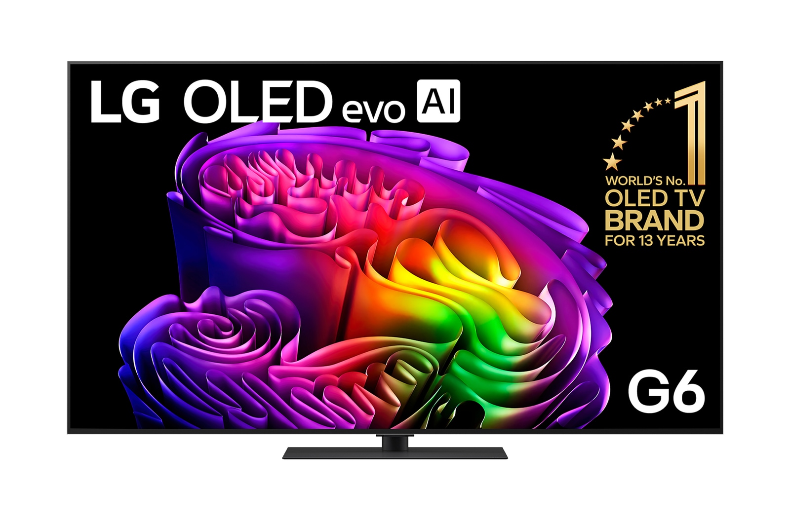The front view of the LG OLED evo AI G6, released in 2026, displays an image of layered, multicolored forms, featuring Hyper Radiant Color Tech, Perfect Black & Perfect Color, along with the World’s No.1 OLED TV for 13 Years badge.