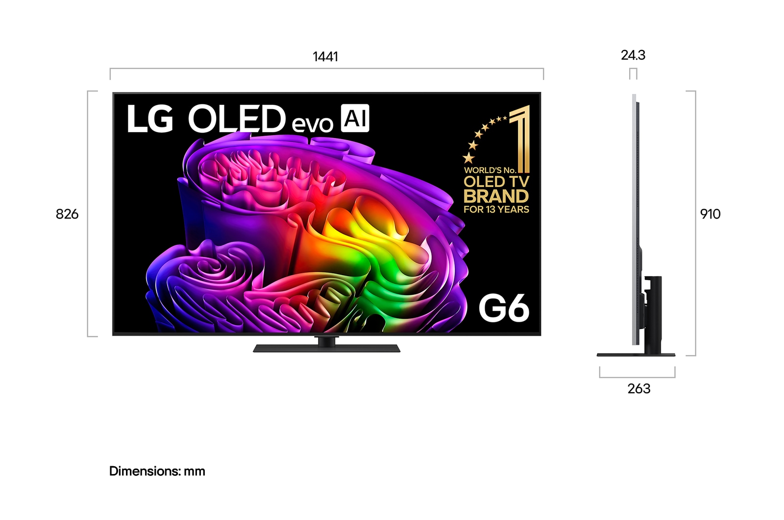 LG OLED evo AI G6 shown in front and side views highlights an 83-inch display with a 1847 mm-wide screen, 1057 mm screen height, 1115 mm height with stand, a 28 mm depth, and a stand footprint measuring 501 by 321 mm.