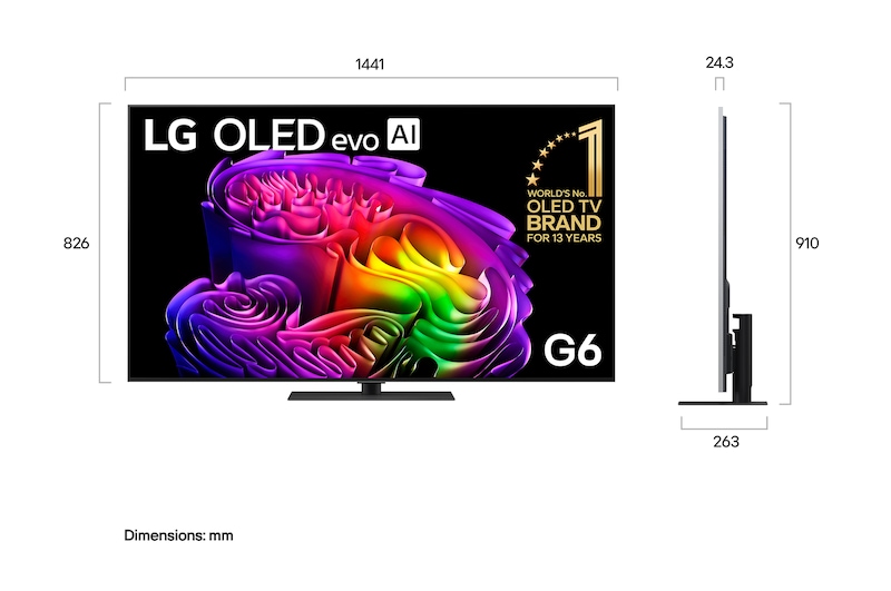 LG OLED evo AI G6 shown in front and side views highlights an 83-inch display with a 1847 mm-wide screen, 1057 mm screen height, 1115 mm height with stand, a 28 mm depth, and a stand footprint measuring 501 by 321 mm.