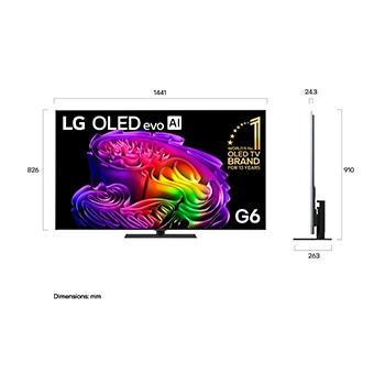 LG OLED evo AI G6 shown in front and side views highlights an 83-inch display with a 1847 mm-wide screen, 1057 mm screen height, 1115 mm height with stand, a 28 mm depth, and a stand footprint measuring 501 by 321 mm.