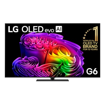 The front view of LG OLED evo AI G6, released in 2026, features a slim black bezel, with a vivid, sculptural image of richly layered, multicolored forms filling the screen.