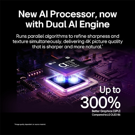 LG OLED evo G6 AI TV’s alpha 11 AI Processor 4K Gen3 glows in purple and blue light on a dark circuit board, highlighting the Dual AI Engine and delivering NPU up to x5.6 faster, CPU 50% faster, and GPU 70% stronger performance.