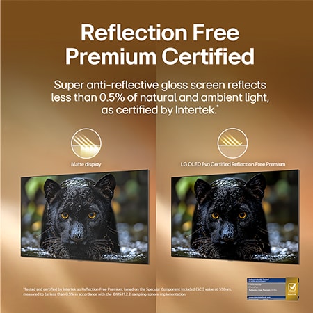 LG OLED evo AI G6 with Reflection Free Premium shows a side-by-side comparison against an anti-glare matte display, keeping the black jaguar image clear with deep blacks and fine texture, especially in bright environments, with an Intertek certification mark shown.