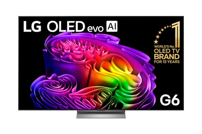 The front view of the LG OLED evo AI G6, released in 2026, displays an image of layered, multicolored forms, featuring Hyper Radiant Color Tech, Perfect Black & Perfect Color, along with the World’s No.1 OLED TV for 13 Years badge.
