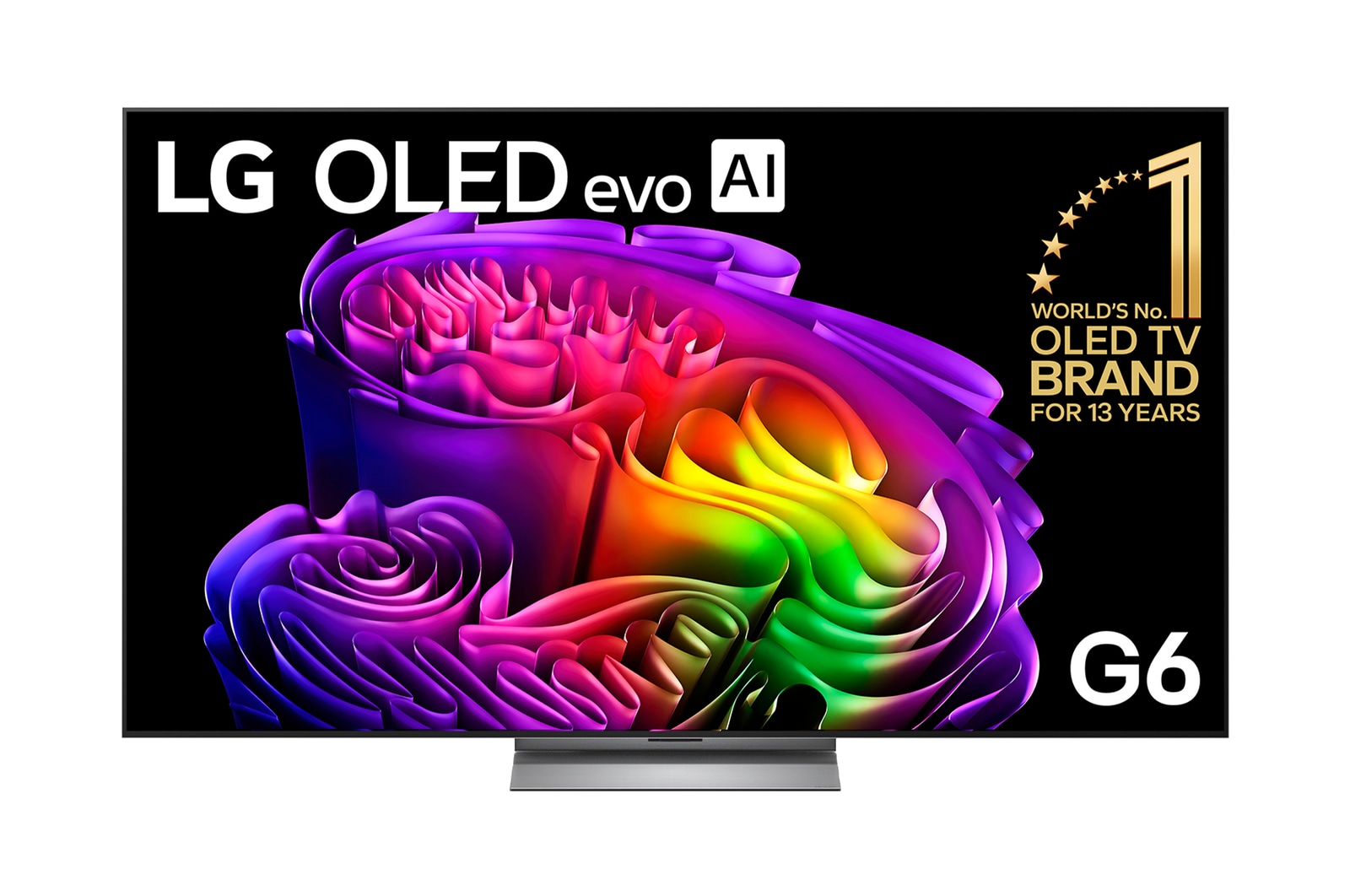 The front view of the LG OLED evo AI G6, released in 2026, displays an image of layered, multicolored forms, featuring Hyper Radiant Color Tech, Perfect Black & Perfect Color, along with the World’s No.1 OLED TV for 13 Years badge.