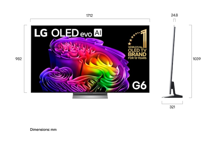 LG OLED evo AI G6 shown in front and side views highlights an 83-inch display with a 1847 mm-wide screen, 1057 mm screen height, 1115 mm height with stand, a 28 mm depth, and a stand footprint measuring 501 by 321 mm.