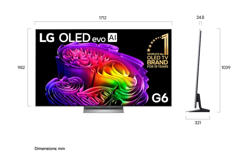LG OLED evo AI G6 shown in front and side views highlights an 83-inch display with a 1847 mm-wide screen, 1057 mm screen height, 1115 mm height with stand, a 28 mm depth, and a stand footprint measuring 501 by 321 mm.