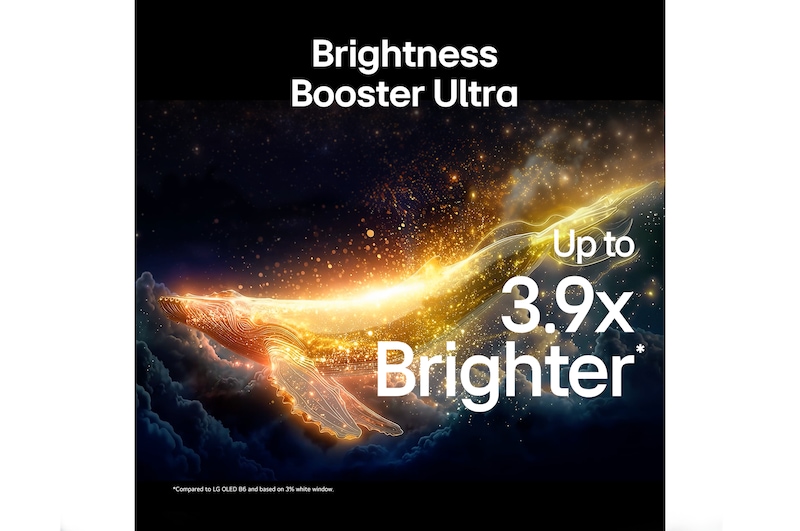 LG OLED evo AI G6 with Brightness Booster Ultra shows a dark scene where a brightly illuminated whale silhouette stands out amid glowing particles, delivering 3.9x Brighter luminance with clearer detail.
