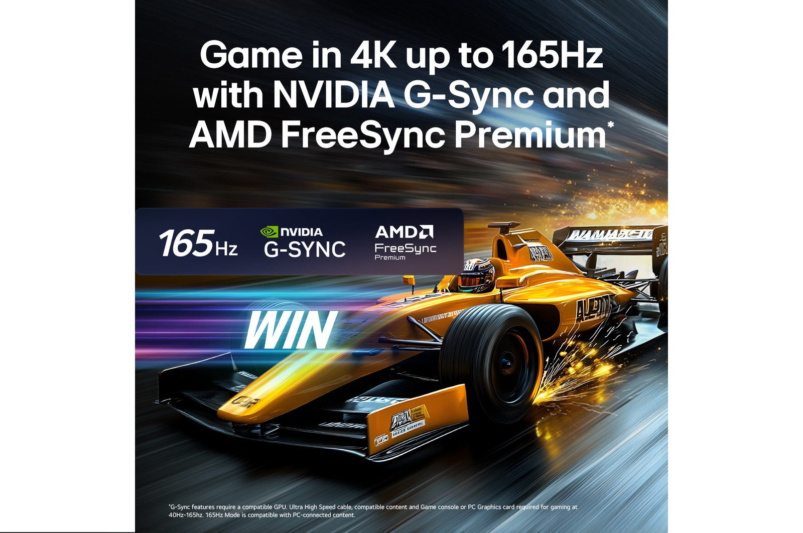 LG OLED evo AI G6 for Unbeatable Gameplay in 4K 165Hz shows a high-speed racing game with a yellow open-wheel car in motion, bold “WIN” text on screen, and NVIDIA G-SYNC and AMD FreeSync Premium logos at the top.