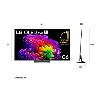 LG OLED evo AI G6 shown in front and side views highlights an 83-inch display with a 1847 mm-wide screen, 1057 mm screen height, 1115 mm height with stand, a 28 mm depth, and a stand footprint measuring 501 by 321 mm.