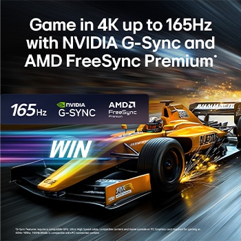 LG OLED evo AI G6 for Unbeatable Gameplay in 4K 165Hz shows a high-speed racing game with a yellow open-wheel car in motion, bold “WIN” text on screen, and NVIDIA G-SYNC and AMD FreeSync Premium logos at the top.