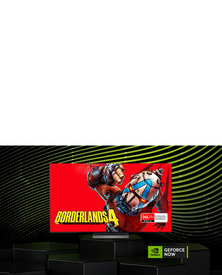 LG Micro RGB evo AI MRGB95 with NVIDIA GeForce NOW displays Borderlands 4 on screen alongside a GeForce NOW logo, presenting cloud gaming access within the TV interface. 	