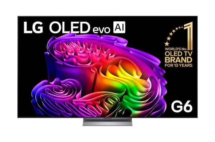 The front view of the LG OLED evo AI G6, released in 2026, displays an image of layered, multicolored forms, featuring Hyper Radiant Color Tech, Perfect Black & Perfect Color, along with the World’s No.1 OLED TV for 13 Years badge.
